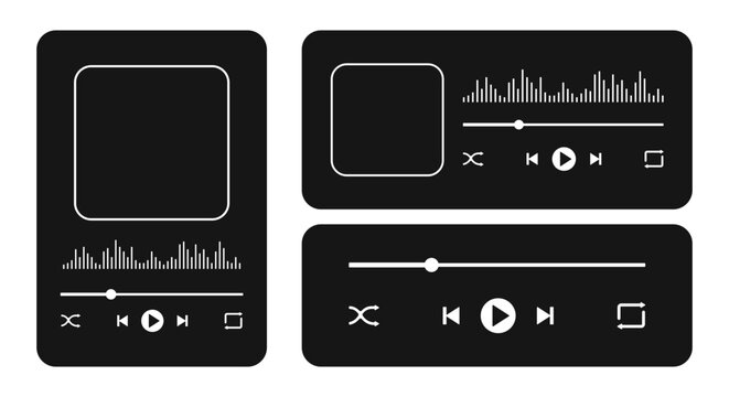 Music player interface with album cover frame, buttons, progress loading bar and sound wave. Playback menu widget templates isolated on white background. Vector graphic illustration.