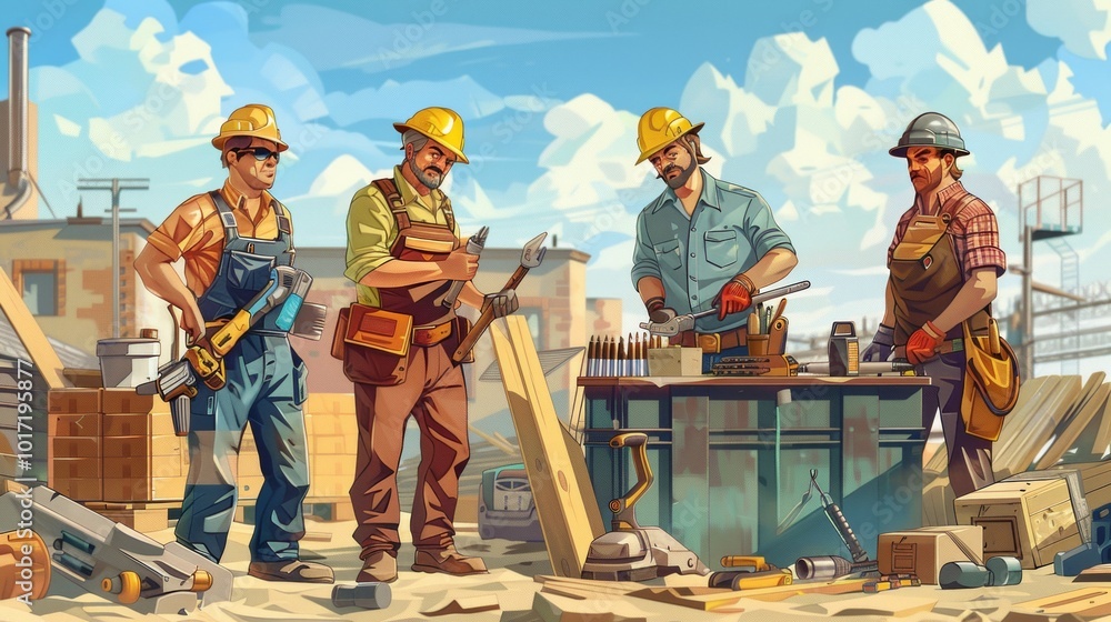 Fototapete a team of skilled workers collaborates at a construction site, using tools and materials to ensure p