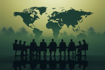 Conceptual silhouette of business people against a backdrop of a world map, in green tones. A symbol of  global business, leadership, and international cooperation with a mysterious atmosphere.