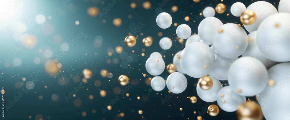 Poster elegant abstract composition of floating white and gold spheres with sparkling background