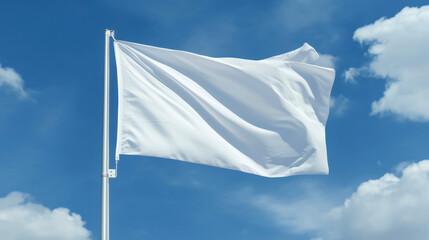 Waving white flag mockup. A white flag hanging on a flagpole, fluttering in the breeze against fluffy clouds and a bright clear blue sky.