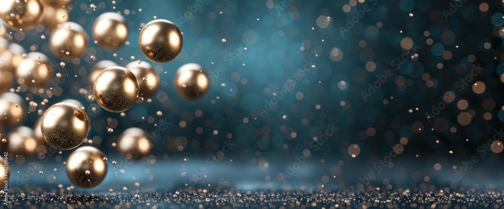 Poster shimmering golden spheres floating above a sparkling background of lights and bokeh effects