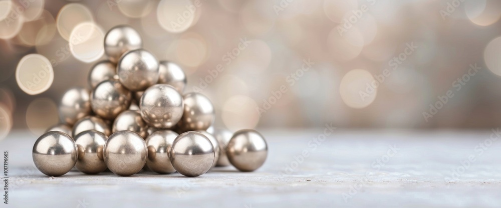 Poster shiny metallic spheres forming an artistic pile with a soft bokeh background