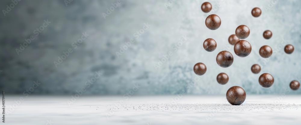 Poster floating spheres exploring the dynamics of motion and gravity in artistic sculptures