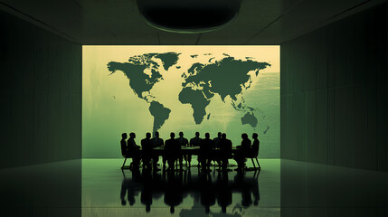 Group of men seated around a table in a dark room. Behind them, a map of the world on a large screen. A hidden place where peace or war is negotiated.