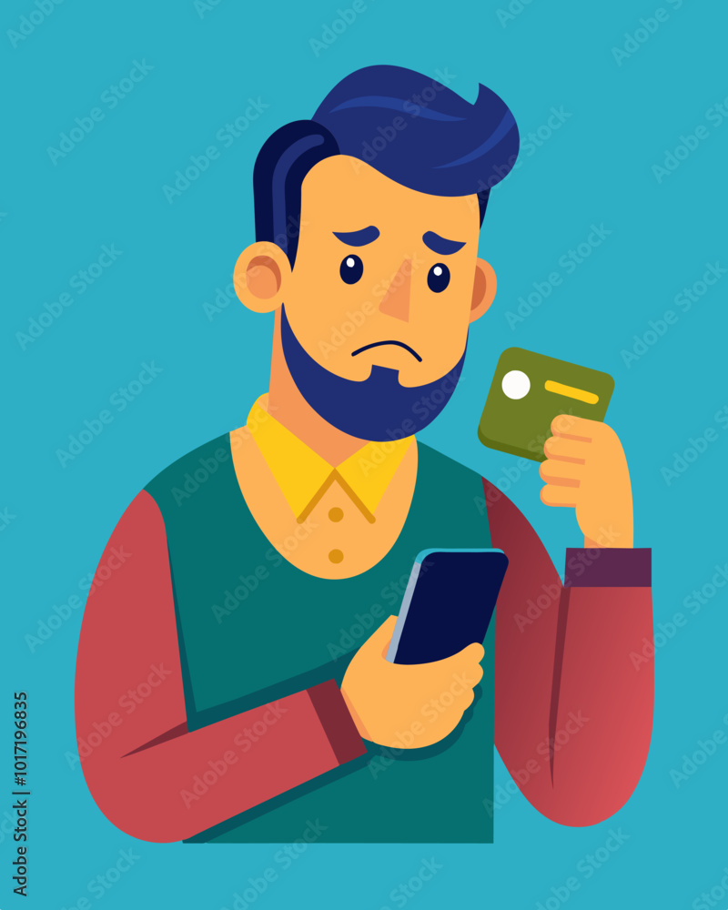 Poster a man with a furrowed brow checking his bank account balance on his phone and realizing hes in overd