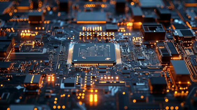 A close-up shot of a computer chip with glowing lights on a circuit board