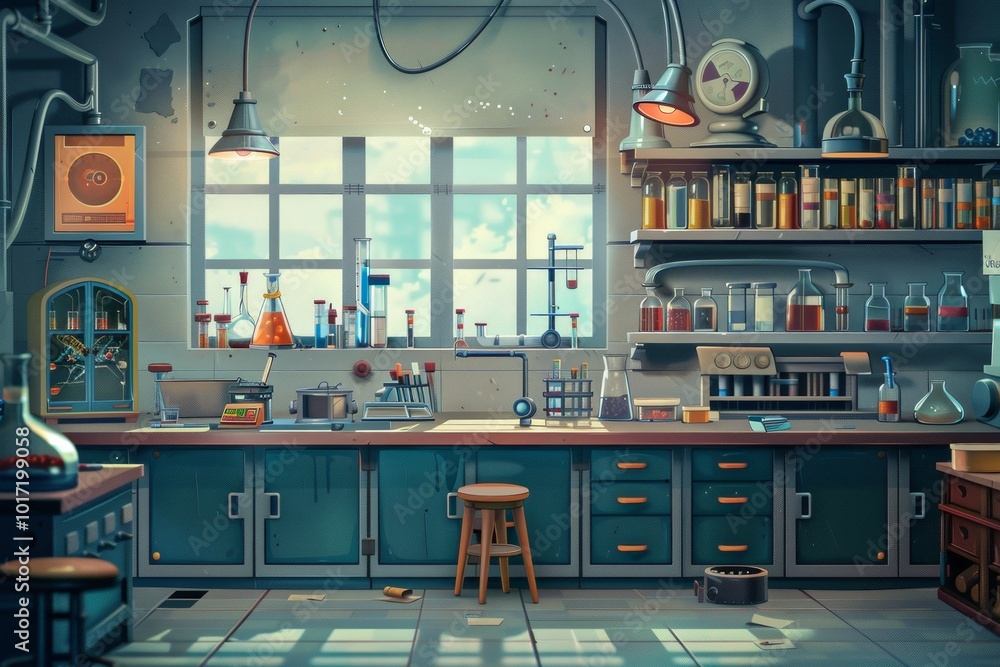 Aufkleber the workspace is filled with various lab equipment and colorful glassware, illuminated by soft sunli