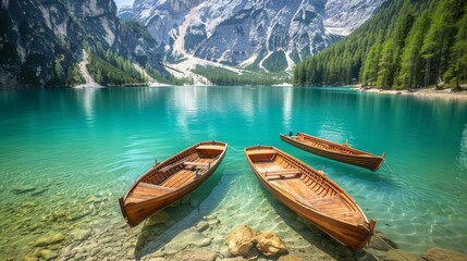 Obraz premium Tranquil Alpine Lake with Wooden Boats and Majestic Mountain Scenery