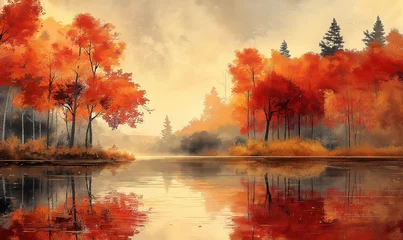 Calm landscape painting painted in autumn colors.