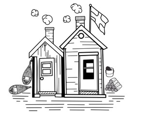 Fototapeta premium Cabin house/ station house with flag, firewood, and snow shoe