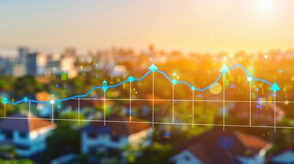 Blue Line Graph Over Blurred Cityscape at Sunset