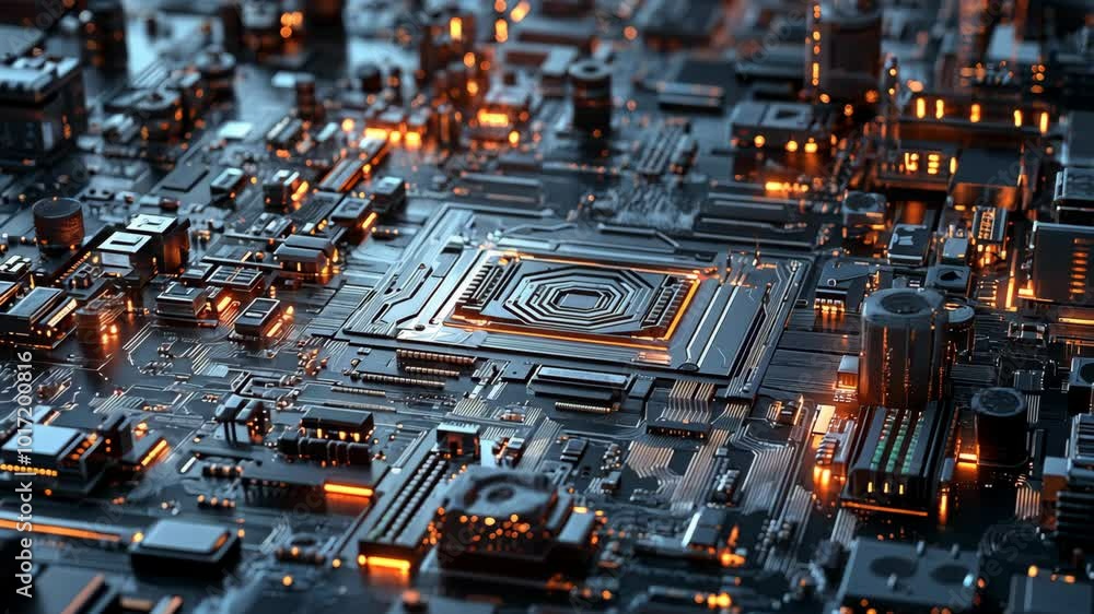 Poster a close-up of a circuit board with a central processor and glowing orange lights
