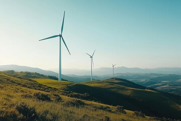 A scenic view of tall wind turbines standing on green hills under a clear blue sky.