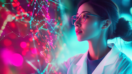 A woman in a lab coat is looking at a computer screen with a colorful background