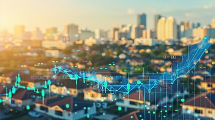 A Blue Stock Market Chart Over a Defocused Cityscape