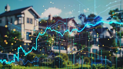 A Blue Line Graph Overlaying a Blurred Suburban Neighborhood