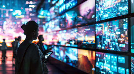 Woman with tablet observing digital wall display in futuristic city setting