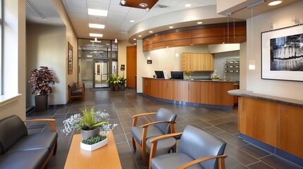 Dentist's office featuring a modern waiting area with informative dental health brochures