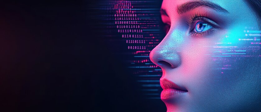 A digital portrait of a woman with glowing features, representing innovation and technology in a modern context.