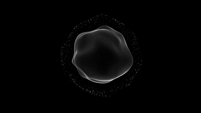 Abstract looped liquid sphere on isolated black background. Geometric bubble. Sphere morphing. Micro particles. Random round shape movements. Pulsating bacteria. Noisy flowing sphere particles. 3d orb