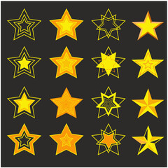 collection of yellow stars of different shapes on a black background