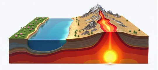Fototapeta premium Illustrative depiction of a ground cross-section to explain vulcanism, earth layers and plate tectonics