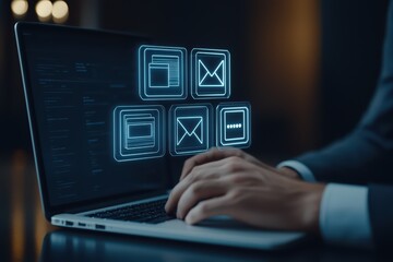 A professional hands typing on a laptop, engaging with digital icons, showcasing modern communication tools and technology.