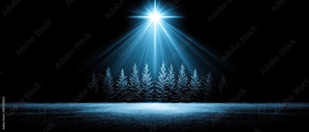 Poster a serene forest illuminated by a bright light, creating a mystical atmosphere in a dark setting.