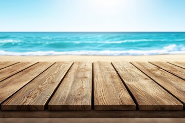 A serene view of wooden planks leading to a tranquil beach with gentle waves and a bright sky.