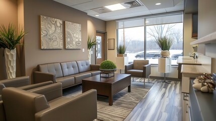 Dentist's office with a modern waiting area and comfortable seating