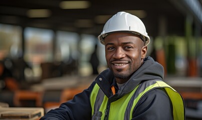 Portrait of smiling African American worker man in helmet. Black male engineer wearing safety vest and hard hat standing in manufacturing or construction site. Positive emotion good job.