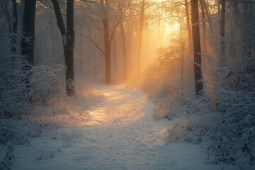 Obraz premium A serene winter forest with snow-covered trees and soft sunlight filtering through.