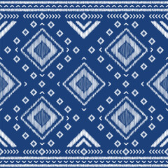 Obraz premium Blue ethnic thai ikat, abstract geometric pattern shape Seamless design