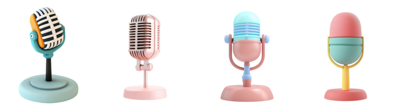 Cartoon 3d microphone icon set collection on transparent cutout background, PNG file. Mockup clipart template