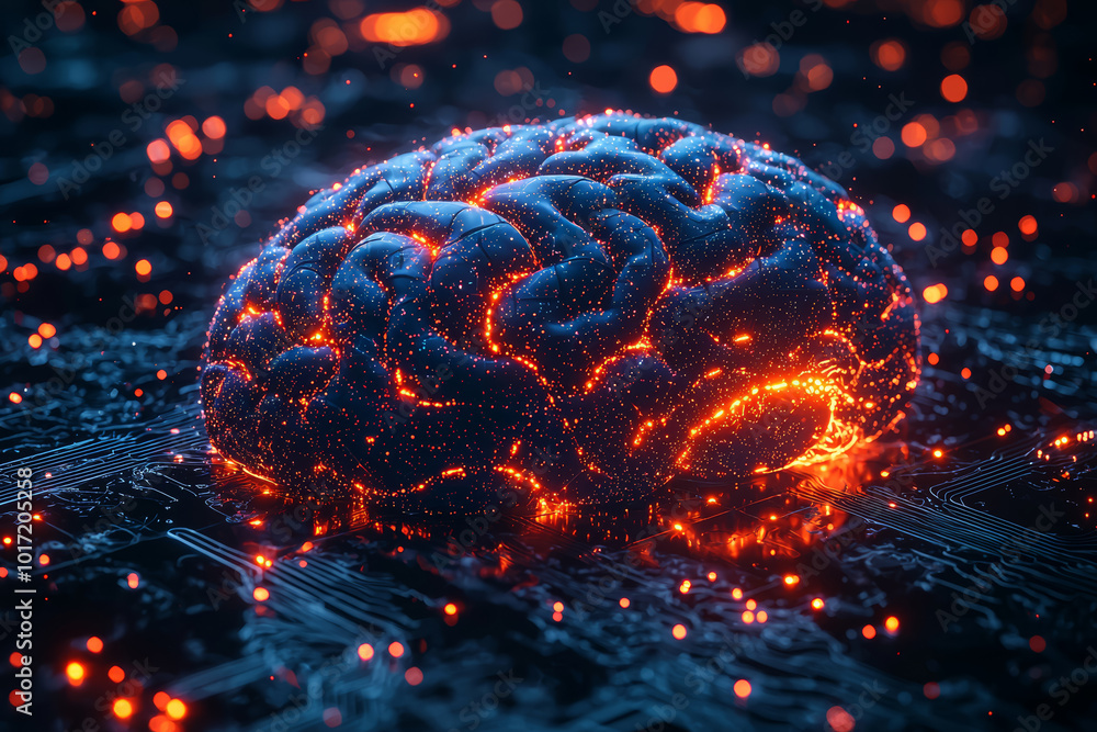 Aufkleber a brain with glowing neural pathways connecting directly into a computer system, illustrating the me