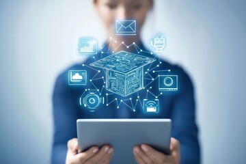 Business professional interacting with digital interface on tablet, showcasing advanced technology and innovation.