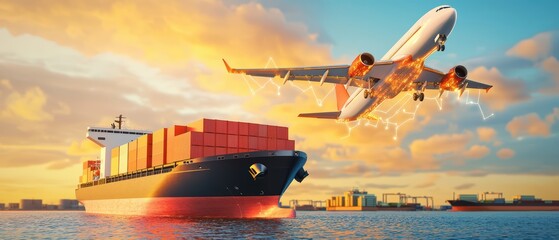 Naklejka premium Cargo ship and airplane in the sky at sunset. Global transport and logistics scene, emphasizing connectivity and travel.