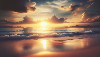 Fototapeta premium Warm sunset hues over gentle waves, a peaceful beach scene.