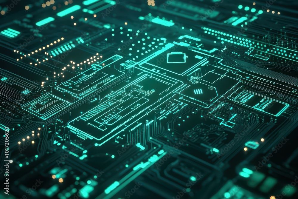 Poster close-up view of a futuristic circuit board with glowing elements.