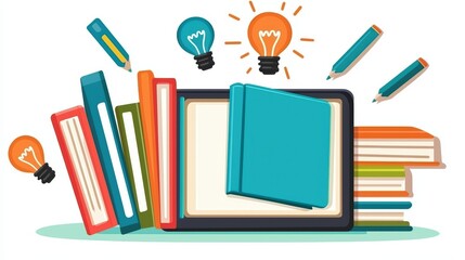 Fototapeta premium Colorful stack of books with light bulbs and pencils, ideal for education and creativity themes.