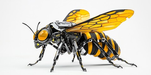 A futuristic, bee-inspired robotic insect, designed with polished metal and a bright yellow-black color scheme. It has mechanical wings and insect-like legs, all powered by glowing circuits.