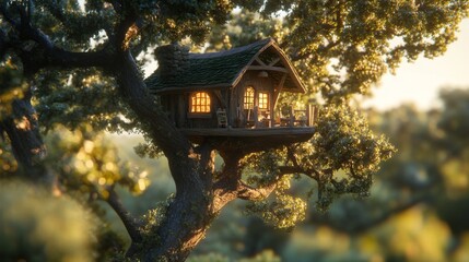 A cozy treehouse with warm lights nestled in a tall tree, bathed in the golden glow of the setting sun.