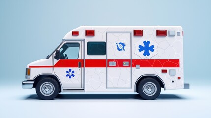 Emergency ambulance vehicle with distinctive markings on a plain background.
