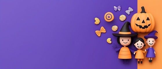 Fototapeta premium Festive Halloween scene featuring cute characters, candies, and a pumpkin on a vibrant purple and orange background.