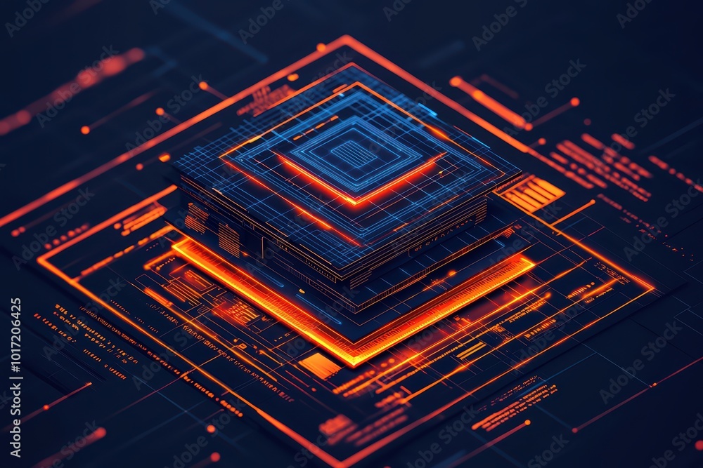Poster futuristic circuit board design with glowing elements and intricate patterns, showcasing advanced te