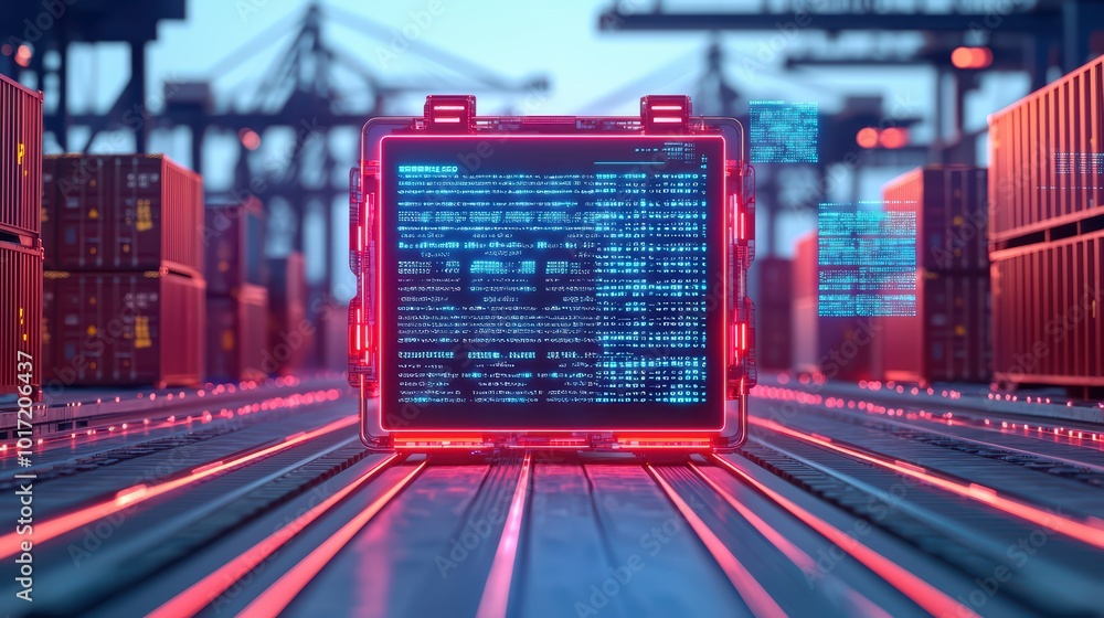 Poster Futuristic container terminal with glowing data display, showcasing modern logistics and digital innovation.