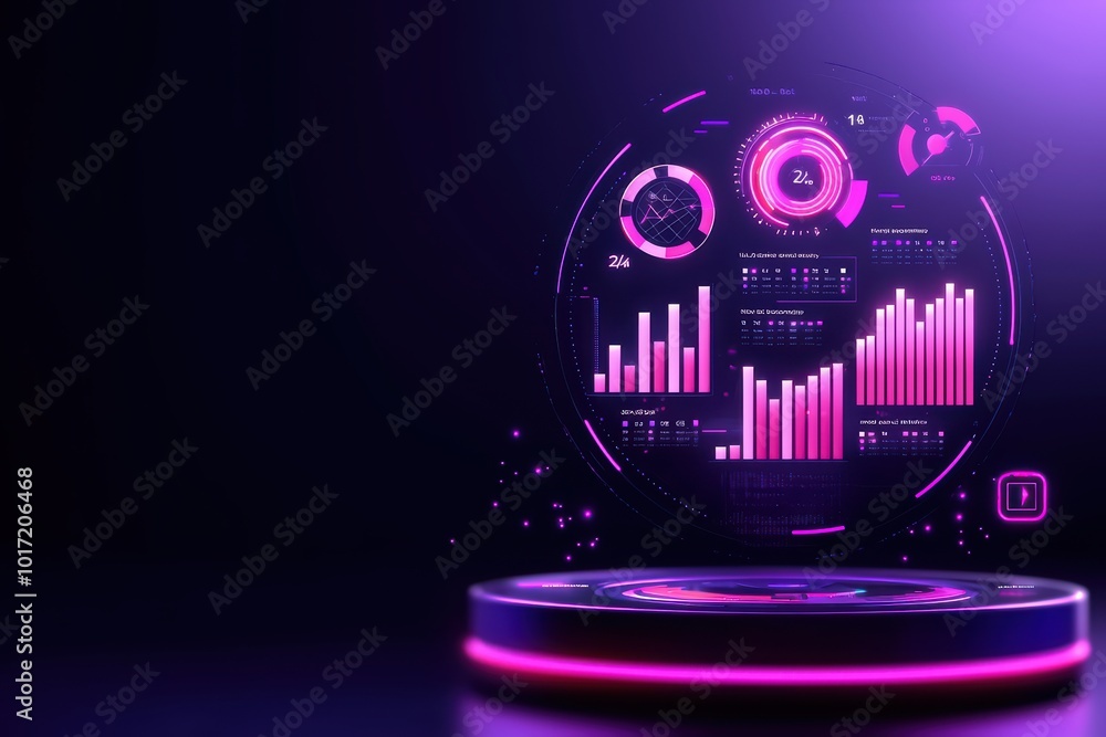 Poster futuristic data visualization interface with graphs and charts on a dark background.