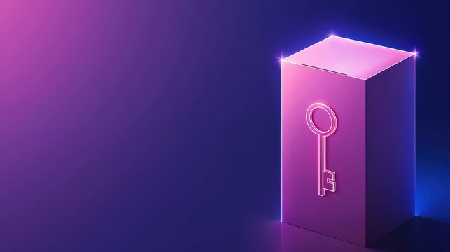 Futuristic design featuring a glowing key icon on a purple block against a vibrant, colorful background.