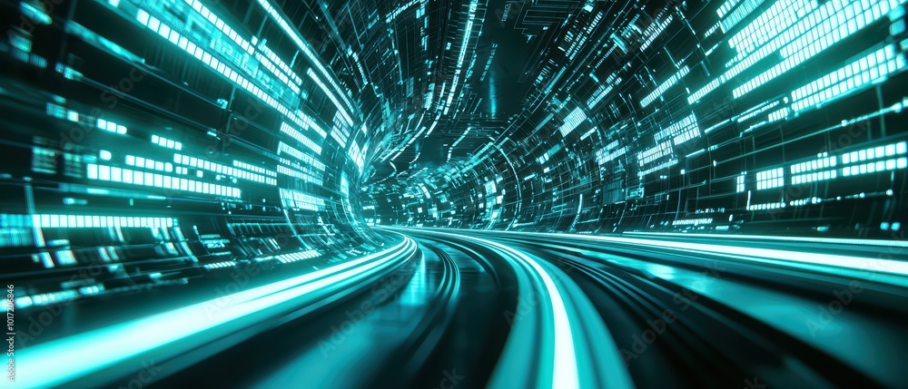 Poster futuristic tunnel with glowing lines, representing speed and motion in a digital world.